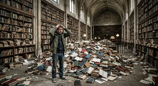 Ein Mann, verzweifelt in einer chaotischen Bibliothek